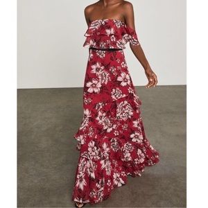 BCBGMAXAZRIA Off Shoulder Floral Ruffle Gown